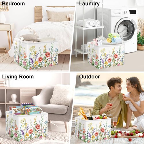 Clastyle 36L Wild Flower Plants Girls Storage Basket Spring Garden Daisy Rose Clothes Toy Nursery Bin Collapsible Rectangle Book Shelf Basket for Kids Room