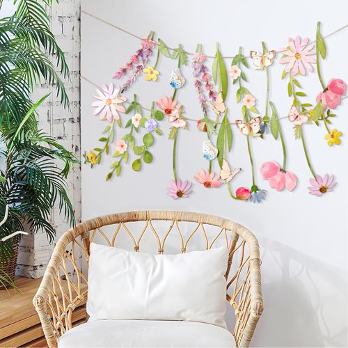 Butterfly Banner Wildflower Party Decorations Paper Flower Leaves Banner Butterfly Garland for Wall Decoration Spring Baby Shower Wedding Backdrop Decorations