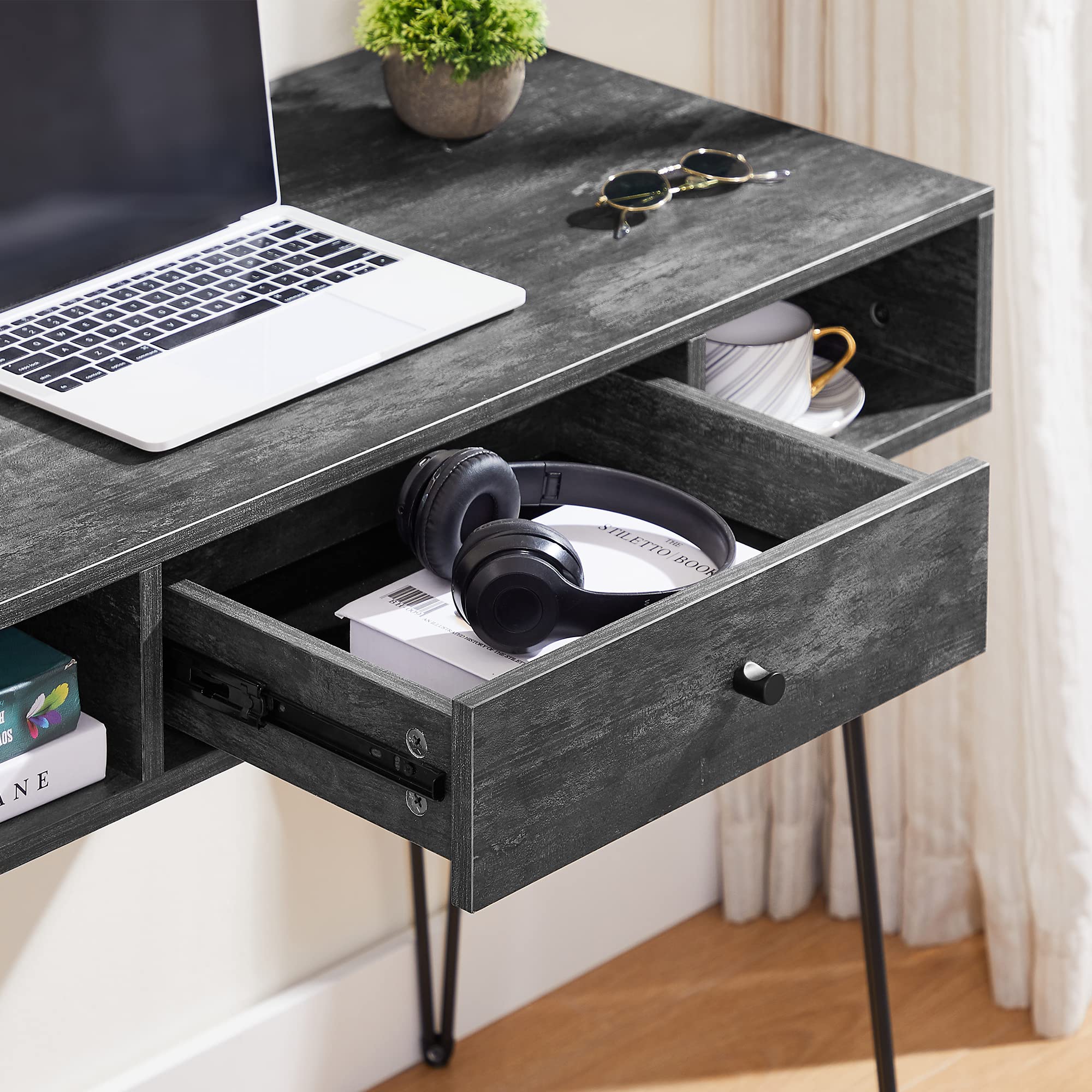 VECELO 39.3" Home Office Work Table with Drawers,Computer Desk with Hairpin Leg for Writing/Study,Charcoal Grey