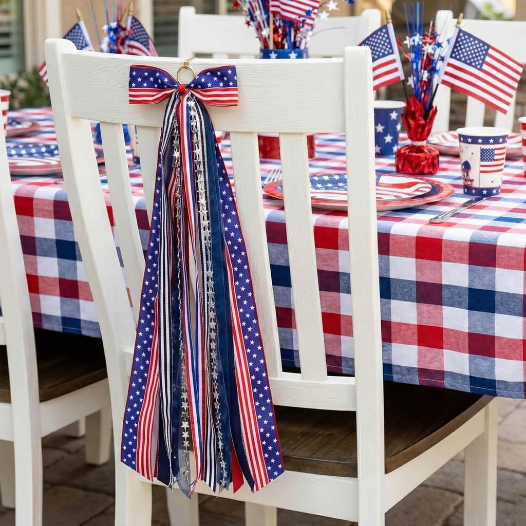 YKW Patriotic Wreath Sash - 27.5" Red, White & Blue Ribbon Bundle with Star Charm for 4th of July Decor