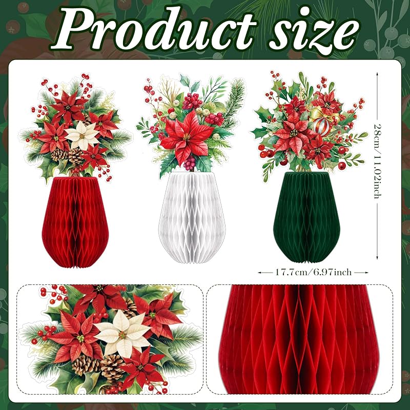 9 Pcs Christmas Poinsettia Honeycomb Centerpieces - Red Holiday Flowers, Variation of THIS listing