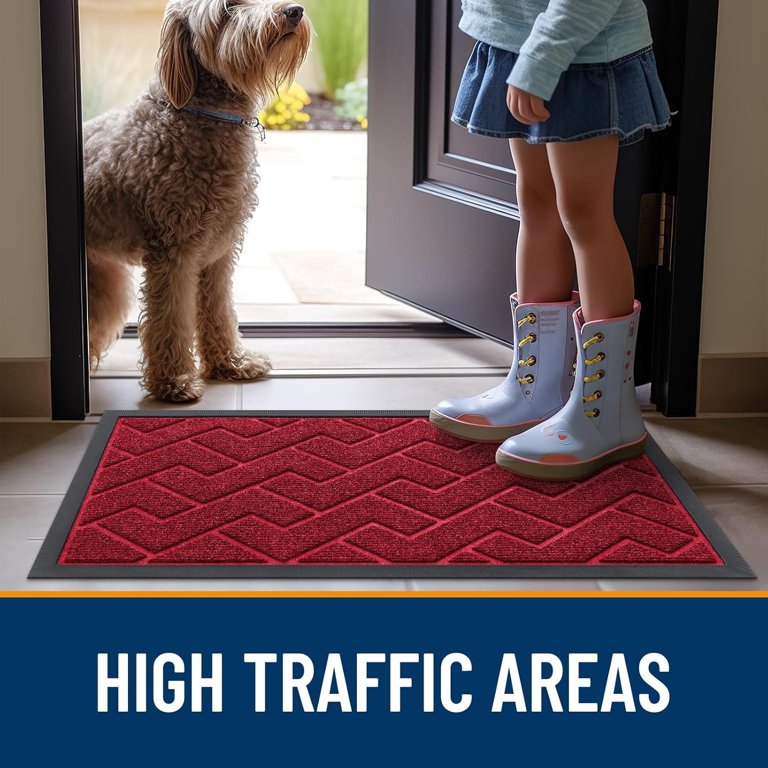 OLANLY Waterproof Front Door Mat - All-Season Herringbone Design | Easy Clean, Low Profile, Wine Red (71x47)