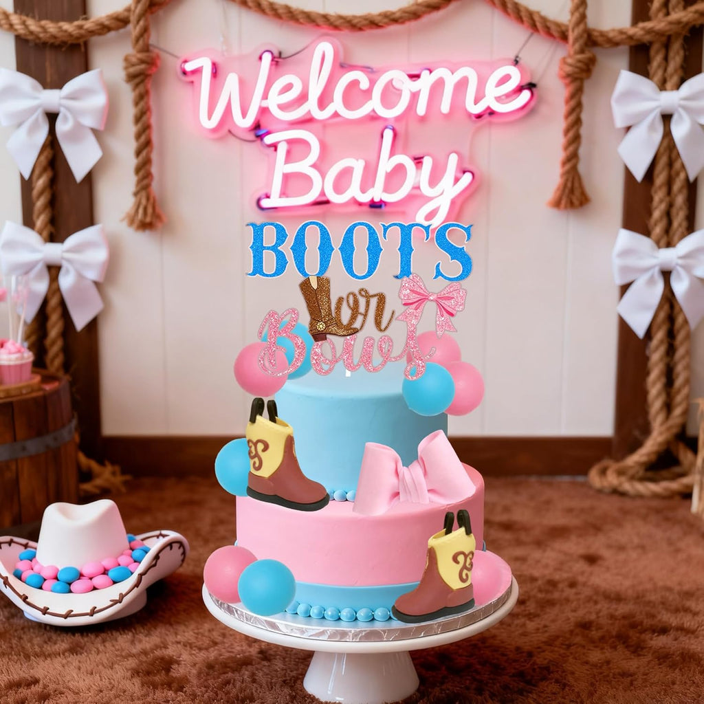 Skiennix Gender Reveal Cake Decorations - Acrylic Boots & Bows Toppers Set for Baby Shower