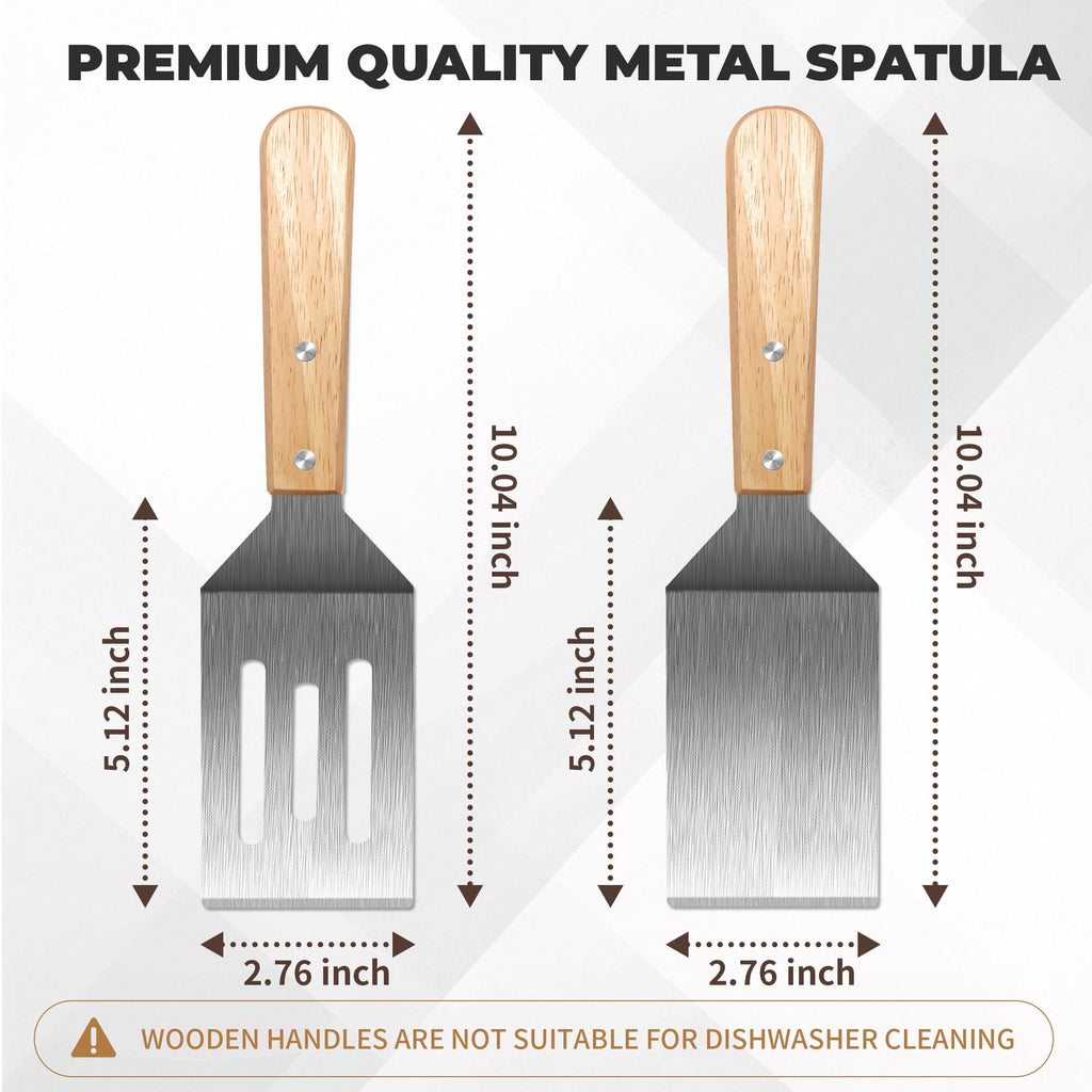 Stainless Steel Spatula Set, Metal Spatula for Cast Iron Skillet, Metal Spatulas for Kitchen Use with Wooden Handle, Ideal for Frying Steak, Pancake, Cookie, Burger, Brownie or Desserts