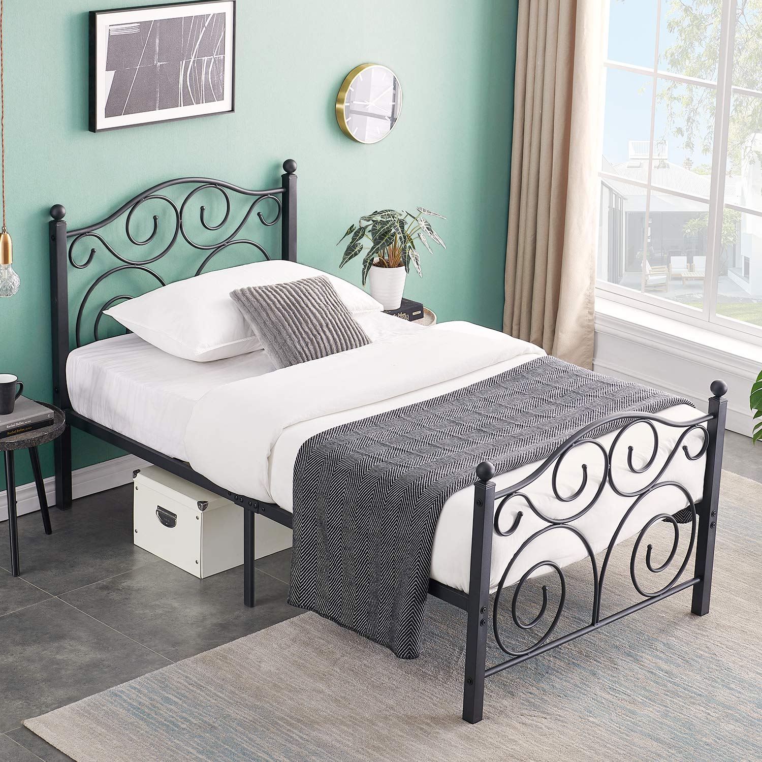 VECELO Twin Size Bed Frame with Headboard/Footboard, Mattress Foundation with Steel Slat Support, Under Bed Storage, No Box Spring Needed, Easy Assembly, White