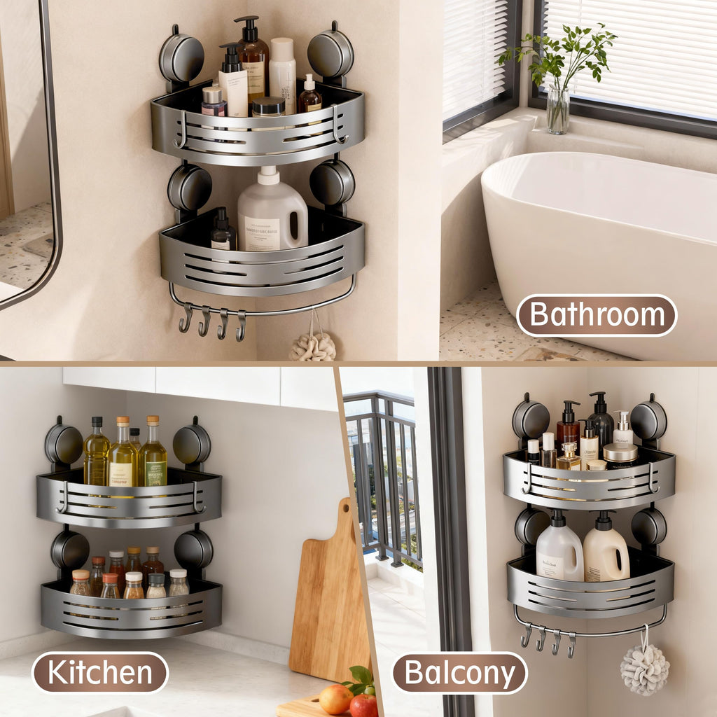 Structoline Corner Shower Caddy Bathroom Organizer,2-Packed Gray No-Drilling Aluminum Suction Cup Corner Shower Shelf with Towel Bar and Hooks,Moder Wall Shower Organizer and Storage Decor