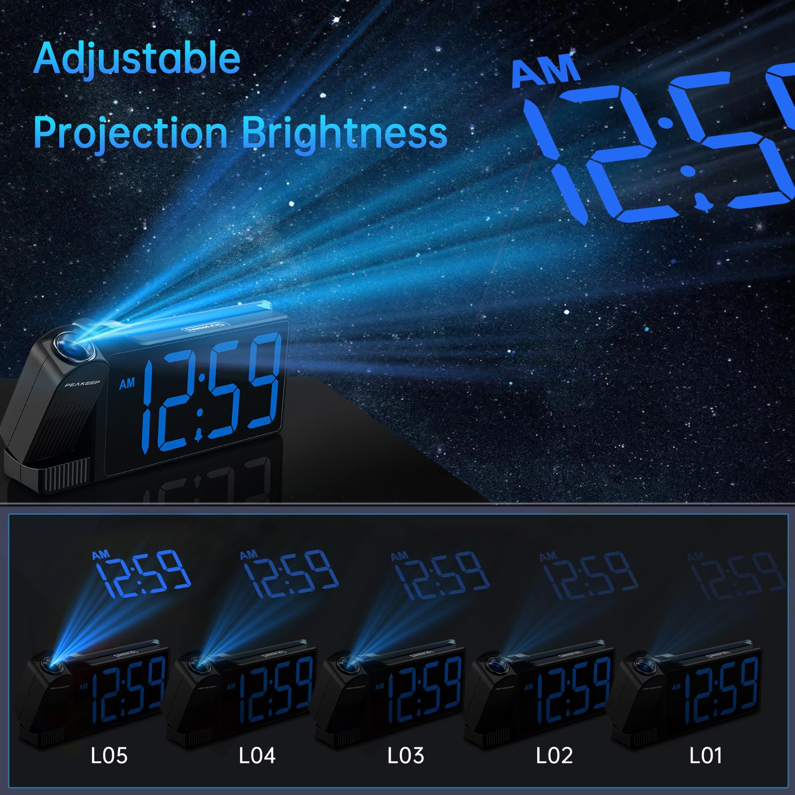 Peakeep Projection Alarm Clock for Bedroom Ceiling, Loud for Heavy Sleepers, RGB Nightlight, Multi-Color Large Display 5 Brightness Dimmer, Plug in Bedside Electric LED Digital Clock with USB Port