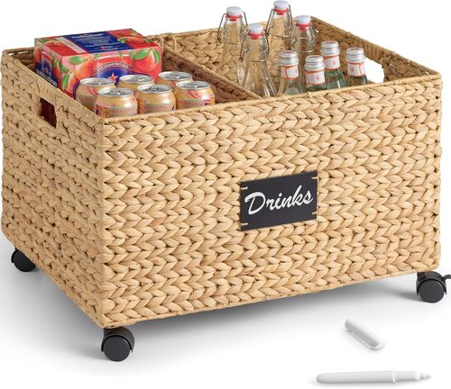 Best Choice Products Rolling Pantry Storage Basket - Versatile Organizer with Chalkboard Label & Removable Divider | Natural Water Hyacinth for Kitchen & Home