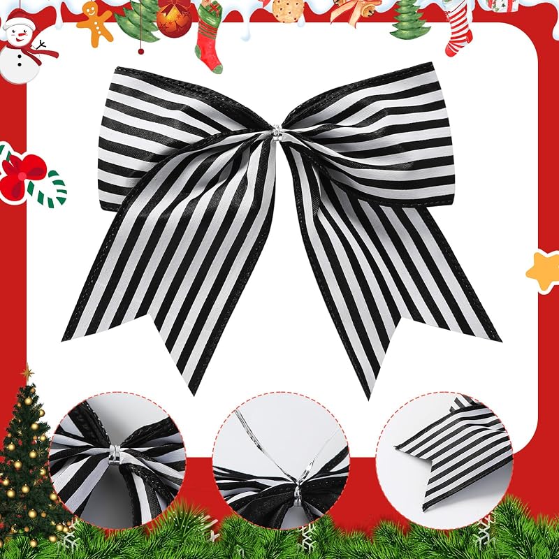 Black & White Christmas Tree Bow Decor 12 Pcs - Large Striped Ribbon Ornaments