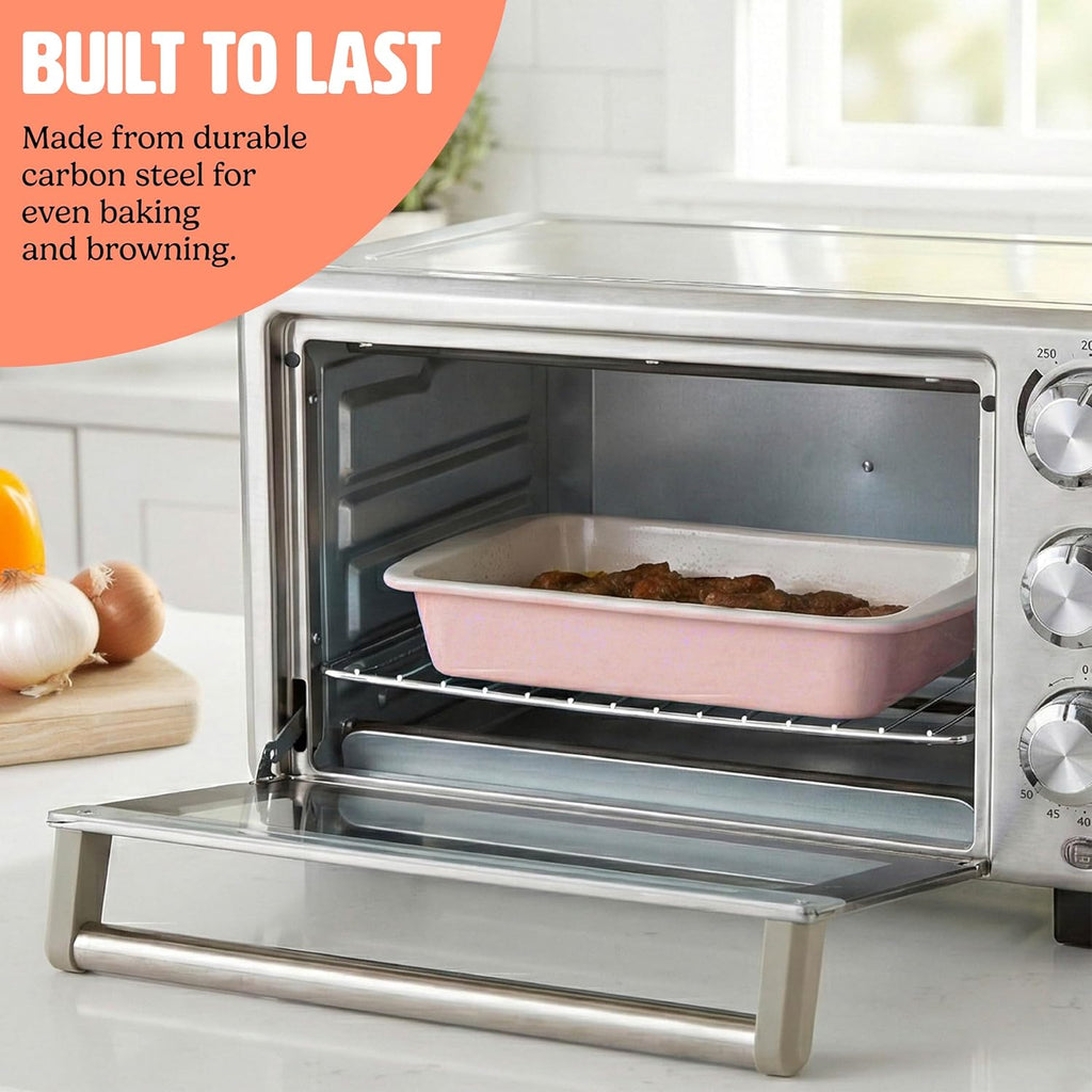 Tasty Nonstick Toaster Oven Baking Set - 3-Piece Carbon Steel Bakeware in Pink | Cake Pan, Oven Tray, Rack