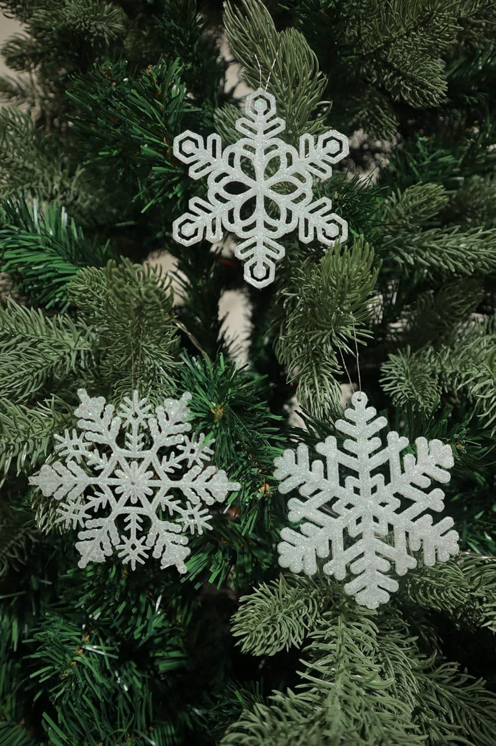 Skiennix 48pcs Pre-Strung White Snowflake Ornaments - Glittery Christmas Tree Decorations