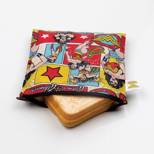 Bumkins Reusable Sandwich and Snack Bags, DC Comics Wonder Woman for Kids Lunch Bags and for Adults, Washable Fabric, Cloth Zip Bag, Dishwasher-Safe, Food-Safe (Pack of 2)