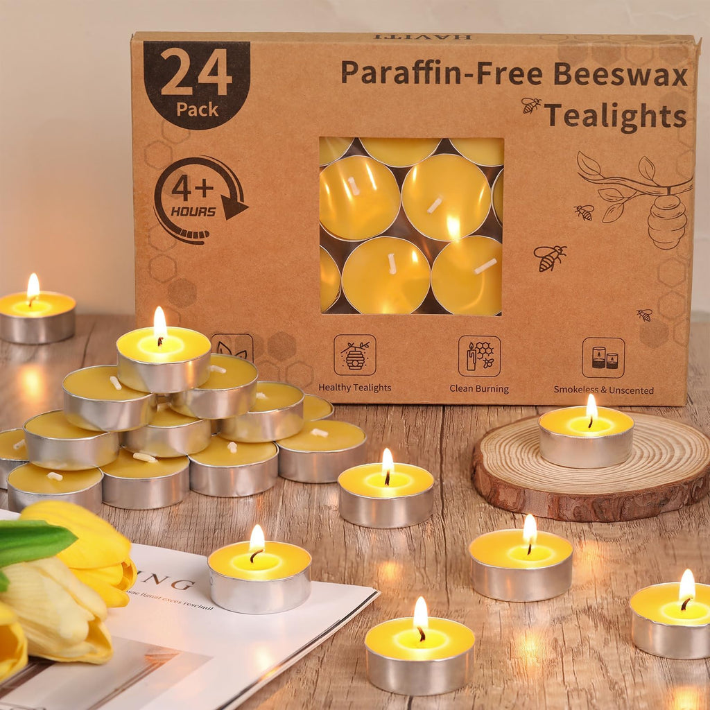 24 Packs Beeswax Tealight Candles, Pure Beeswax Candles Tea Lights Candle, Natural Organic Tealights Unscented Smokeless Clean Burning with 4 Hour Burn Time