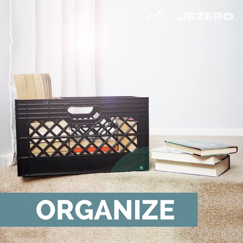 JEZERO 24 Quart 2-Pack Heavy Duty Plastic Crate | Stackable Multi-Purpose Storage Bin for Garage, Home, Office, Groceries, Outdoor, Camping & Kayaking | Black Utility Tote, 19" x 13" x 11"