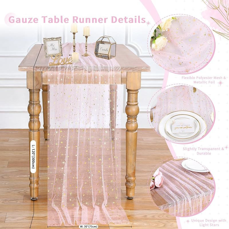 Pink Gold Gauze Table Runner 3pcs - Pink Gold Sparkling Cheesecloth Party Centerpieces (Variation: Pink Gold+29"x120" 3pcs)
