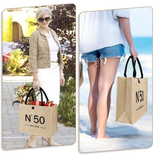 YeohJoy 50th Birthday Gifts for Women Jute Tote Bag, Vintage N°50 Burlap Handbag with Cosmetic Bag and Back in 1976 Poster, Unique 50 Years Old Gifts for Mom Friends Wife Sister Her