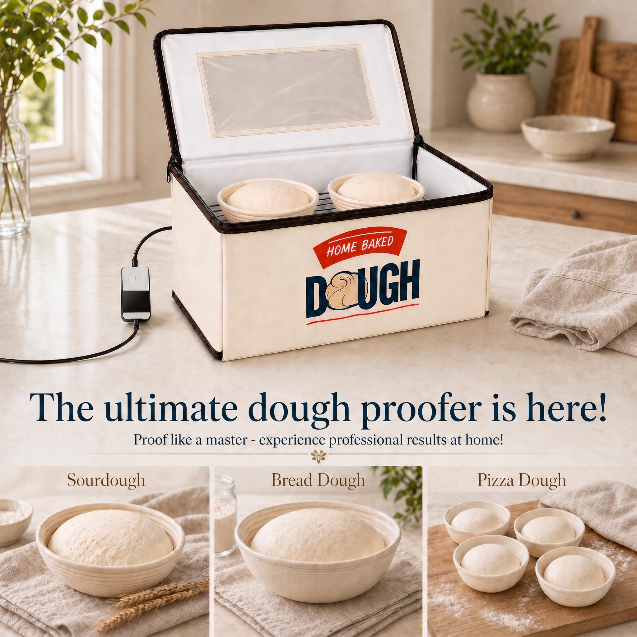 BLUBYEES Folding Bread Proofing Box, 3-Sided Heating with Precise 68-104°F Temp Control, 48H Timer, Family-Size Dough Proofer for 2 Loaves, Sourdough & Pizza Dough