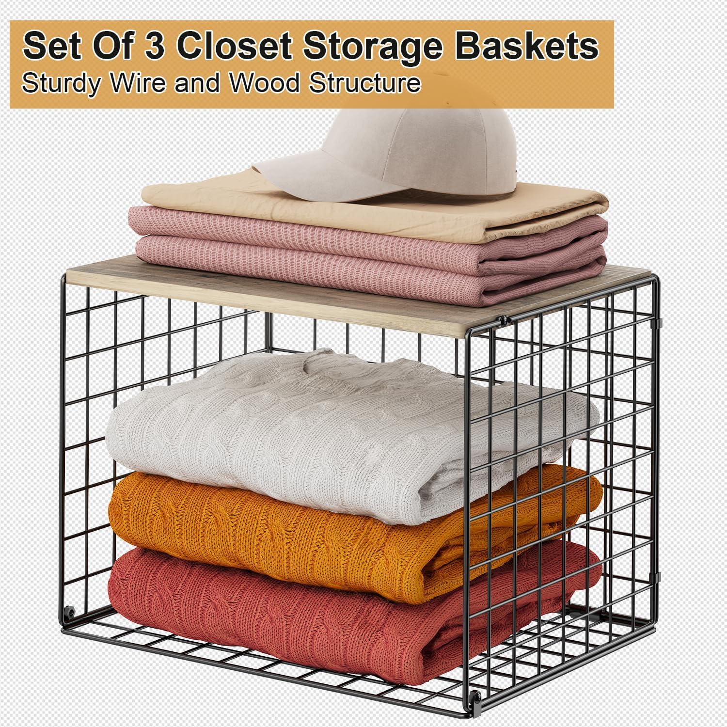 Skiennix Closet Organizers - Sturdy Stackable Storage Shelves Set of 3 for Clothes & Sweaters | Space-Saving Design