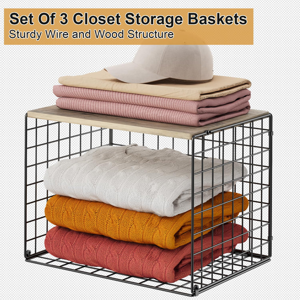 Widened & Heightened Closet Organizers And Storage Shelves With Top Board, Set of 3 Stackable Closet Shelf Organizer Storage Bin Basket For Clothes Sweaters,Space-saving, Sturdy,Wider Higher Size