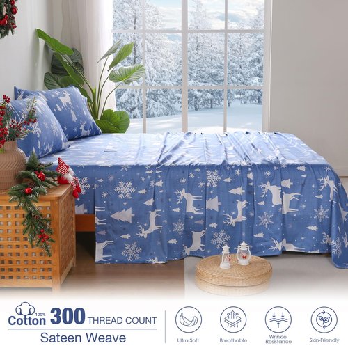 JSD 100% Cotton Sheet Set Queen Size 300 Thread Count, Blue Buffalo Plaid Deer Snowflakes Sateen Bed Sheets Deep Pocket