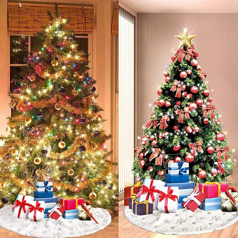 Luxury Snowy White Plush Christmas Tree Skirt 57 Inches with Silver Snowflakes