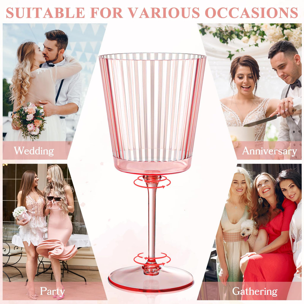 24 PCS Pink Plastic Wine Glasses with Removable Stems 13.5 OZ Ribbed Wine Glass Set Square White Wine Glasses Muted Pastel Colors Goblets Elegant Fluted Glassware for Wedding(Pink, 24 Pack)