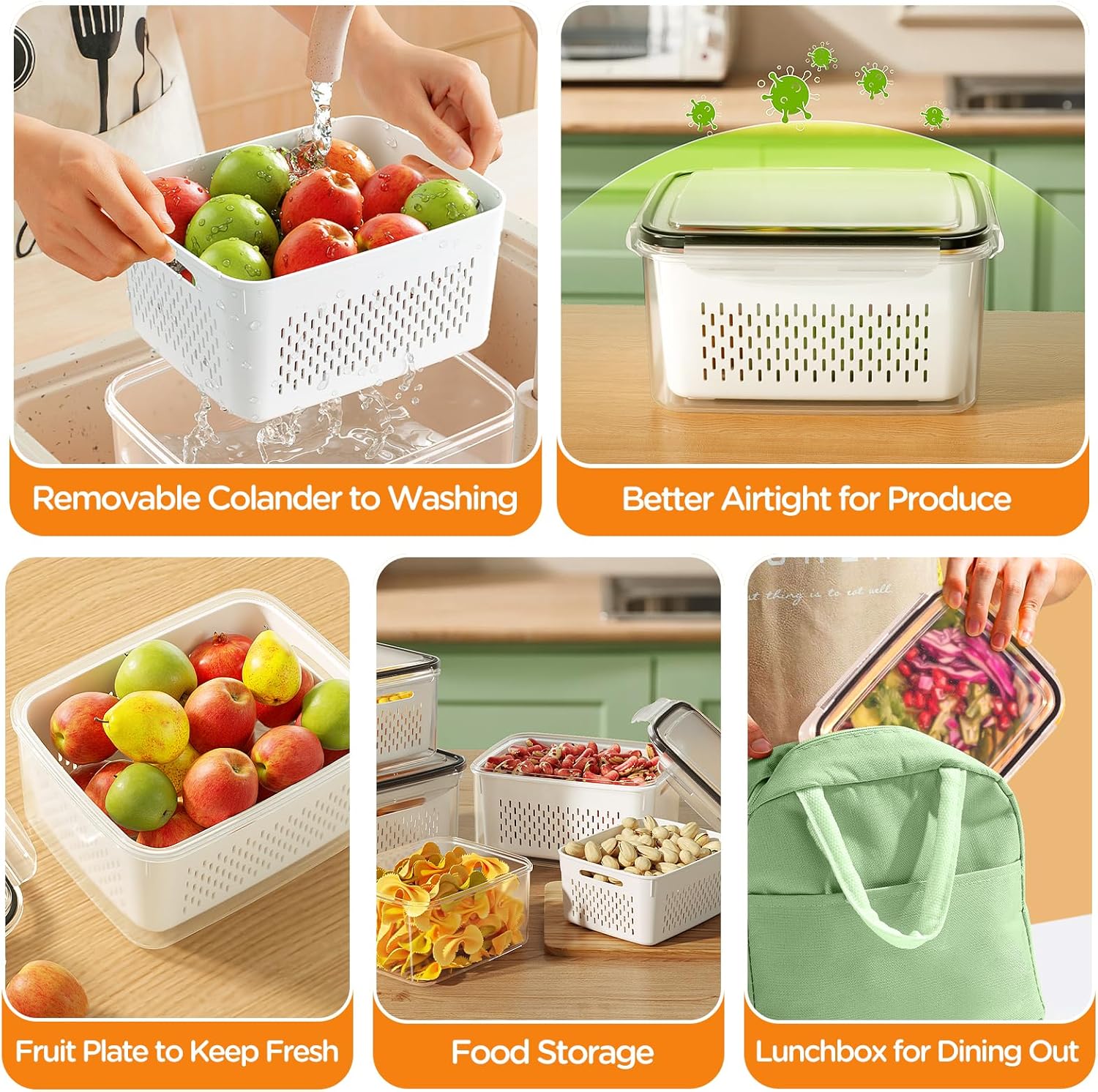 Skiennix 6 PCS Fruit Storage Containers - Leakproof Design with Removable Colanders | Keep Produce Fresh Longer