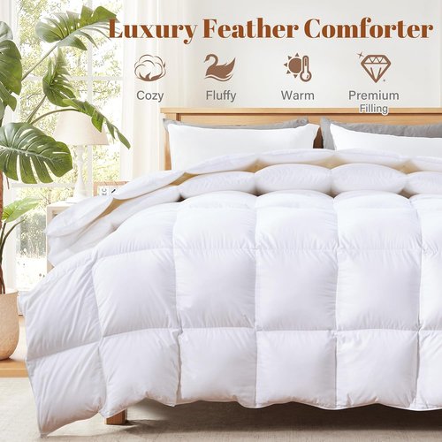 Feather and Down Comforter - Luxurious All-Season Queen Duvet Insert | 100% Cotton, Soft White, 90 x 90 Inches