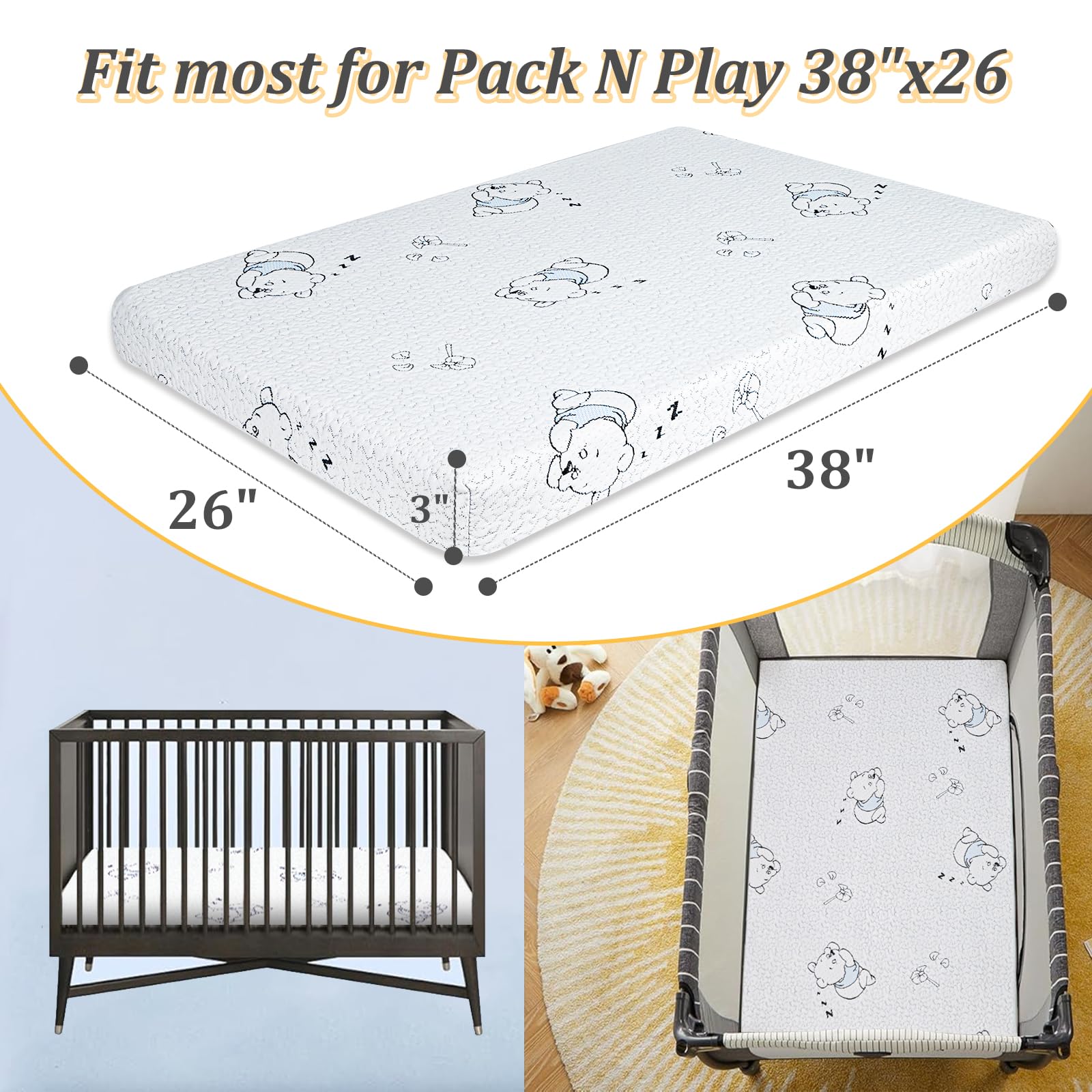 ESJAYING Pack and Play Mattress, 38"x26" Dual-Sided Baby Mattress for Pack n Play with Ultra-Soft Jacquard Cover, Breathable Gel Memory Foam Pack N Play Mattresses Pad for Baby Toddler