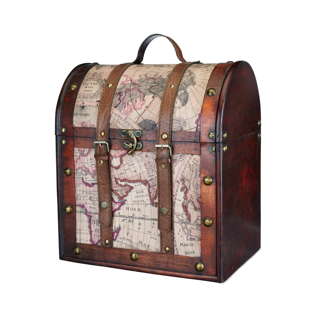Twine Old World 6 Wooden Wine Bottle Gift Box - Wine Decorative Storage Box with Lid and Handle, Wine Accessory Sets, Wood, Faux Leather in Antique Map Design Liquor Gift Box