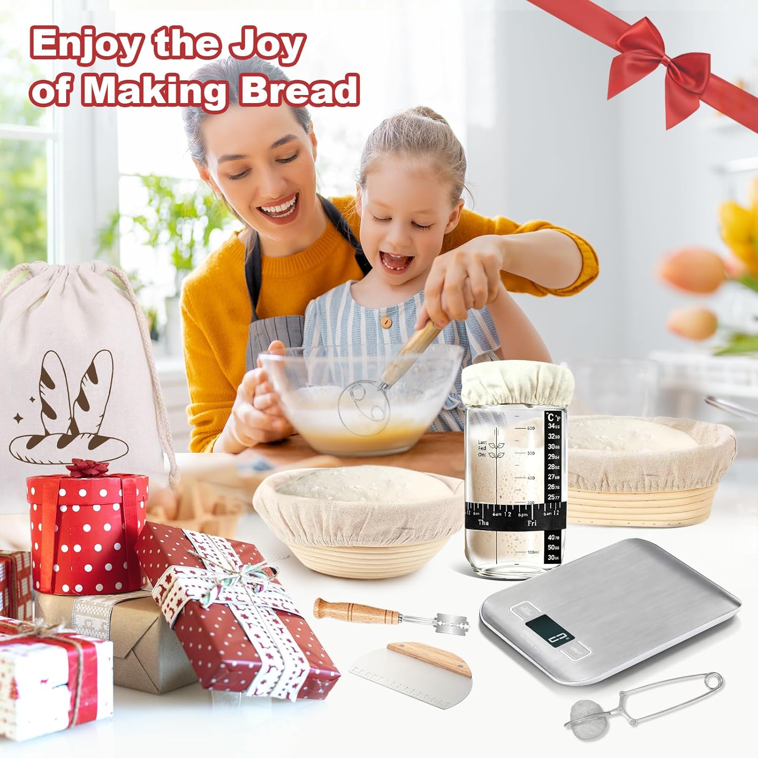 Skiennix Sourdough Starter Kit - Complete Baking Supplies with Scale, Glass Jar & Proofing Basket | Perfect Gift for Beginners