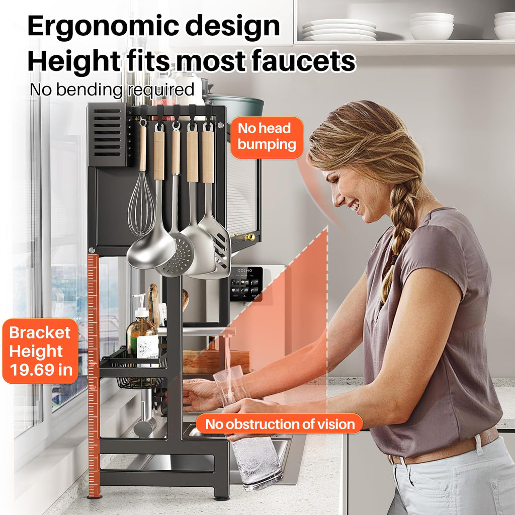 Over The Sink Dish Drainer Drying Rack 3 Tiers with Cover, Keep Kitchen Sink Shlef Organized Space-Saving Dish Drying Rack, Large Stainless Steel Sink Dish Rack for Dishes, Bowls, Cutlery (37.4"w)