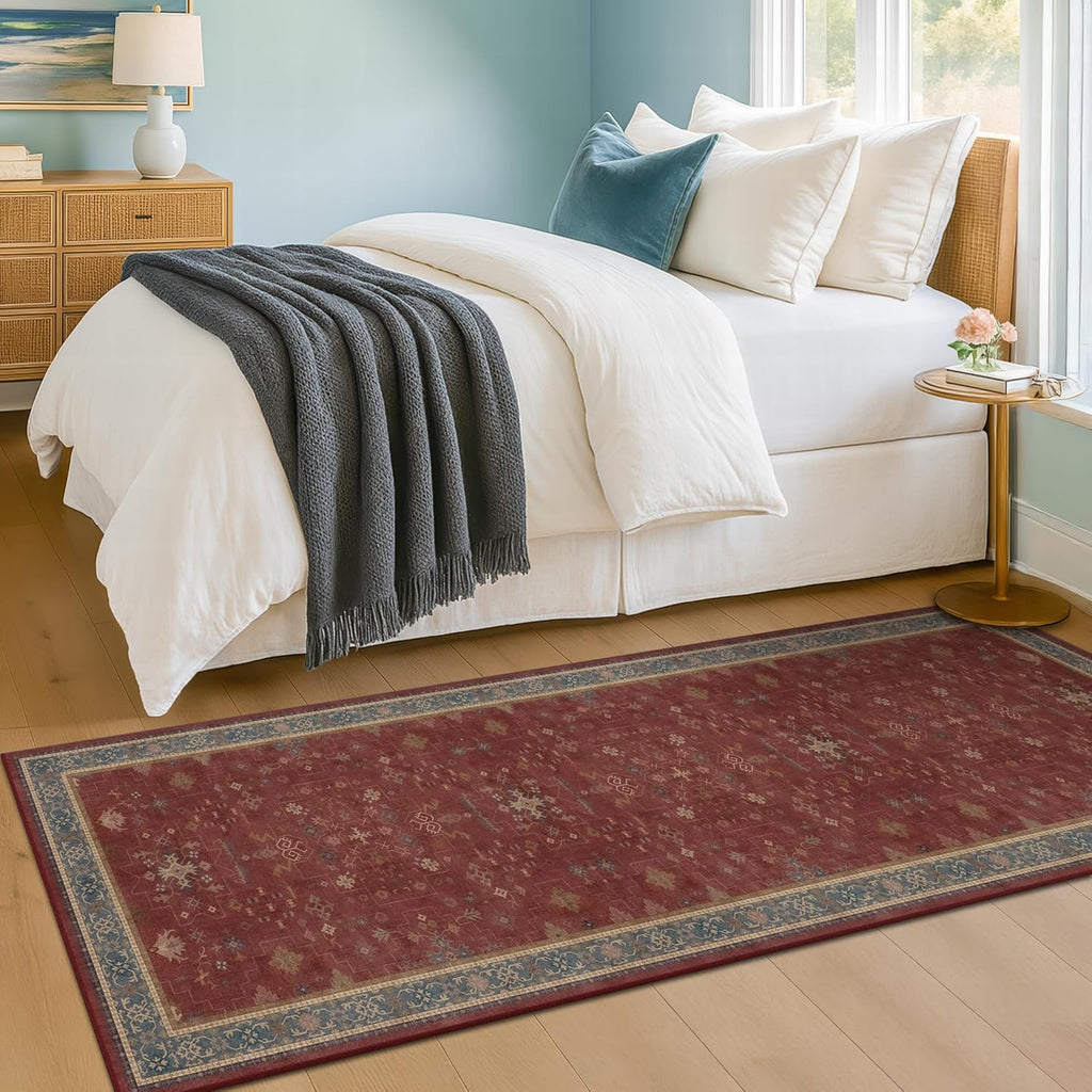 Turkish Kitchen Runner Rugs - Non-Skid, Washable Design for Hallway, Bedroom, Bathroom | Dark Red