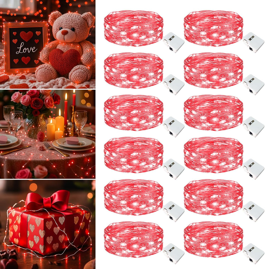 Skiennix 12 Pack Fairy Lights - 7ft Battery Operated 20 LED Twinkle Lights | Waterproof Mini String Lights for Mason Jars, DIY Party & Wedding Decor - Red