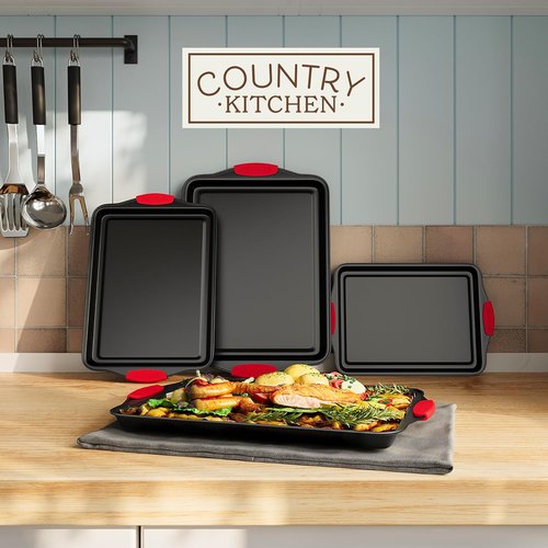 Country Kitchen Nonstick Bakeware Set - Heavy Duty & Easy Release, 4-Piece Red Stackable Set