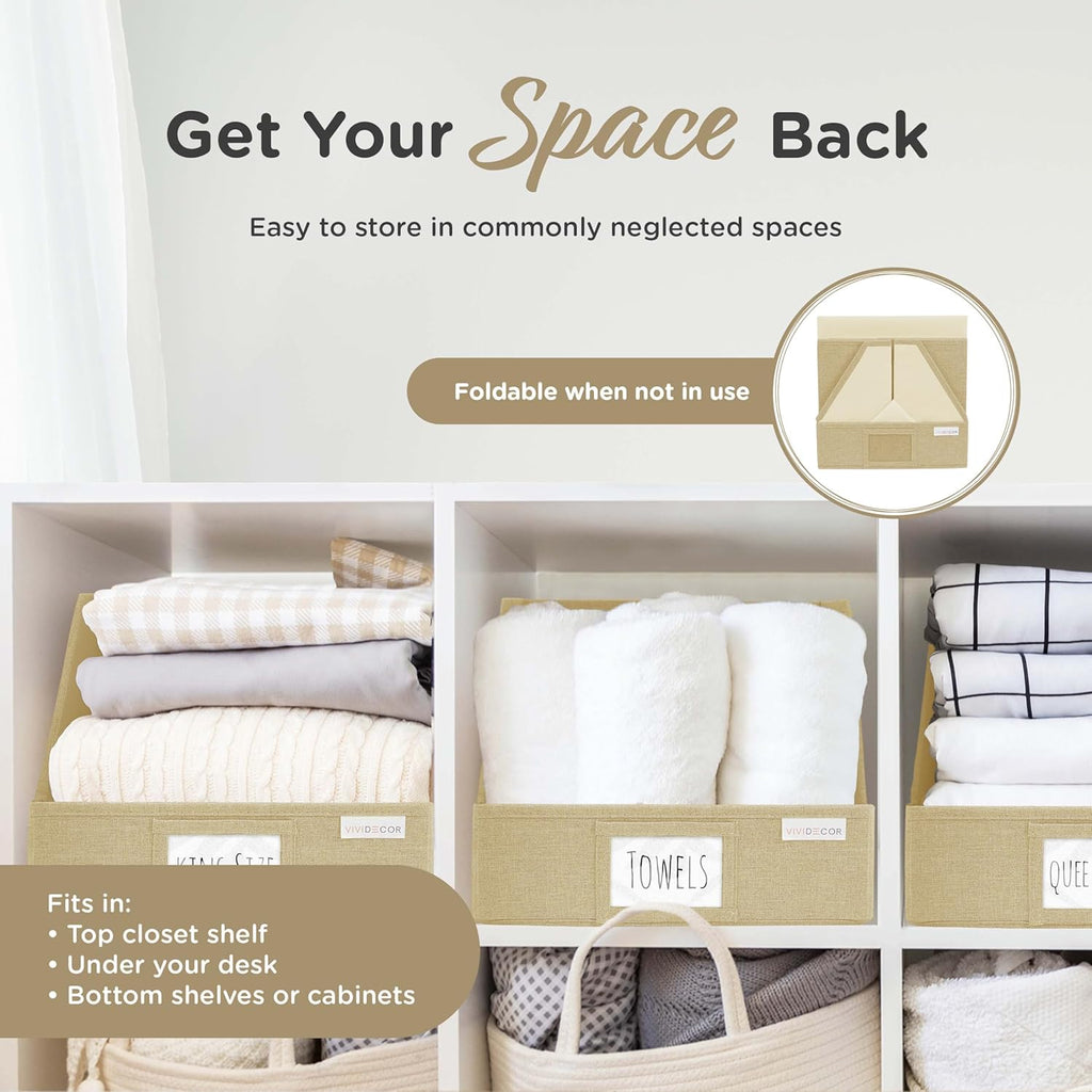 VIVIDECOR Trapezoid Storage Bins - 3-Pack Foldable Fabric Closet Organizers | Beige Cube Baskets for Clothes