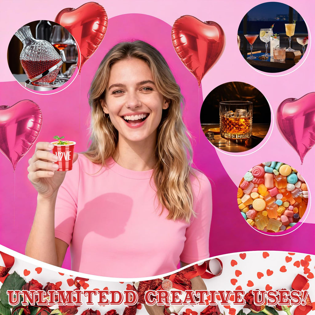 Pineburg Mother's Day Shot Glasses 100 Pack 2oz Red Pink White Cups with Heart XOXO Design for Mom's Day Party, Brunch, Celebration & Gifts