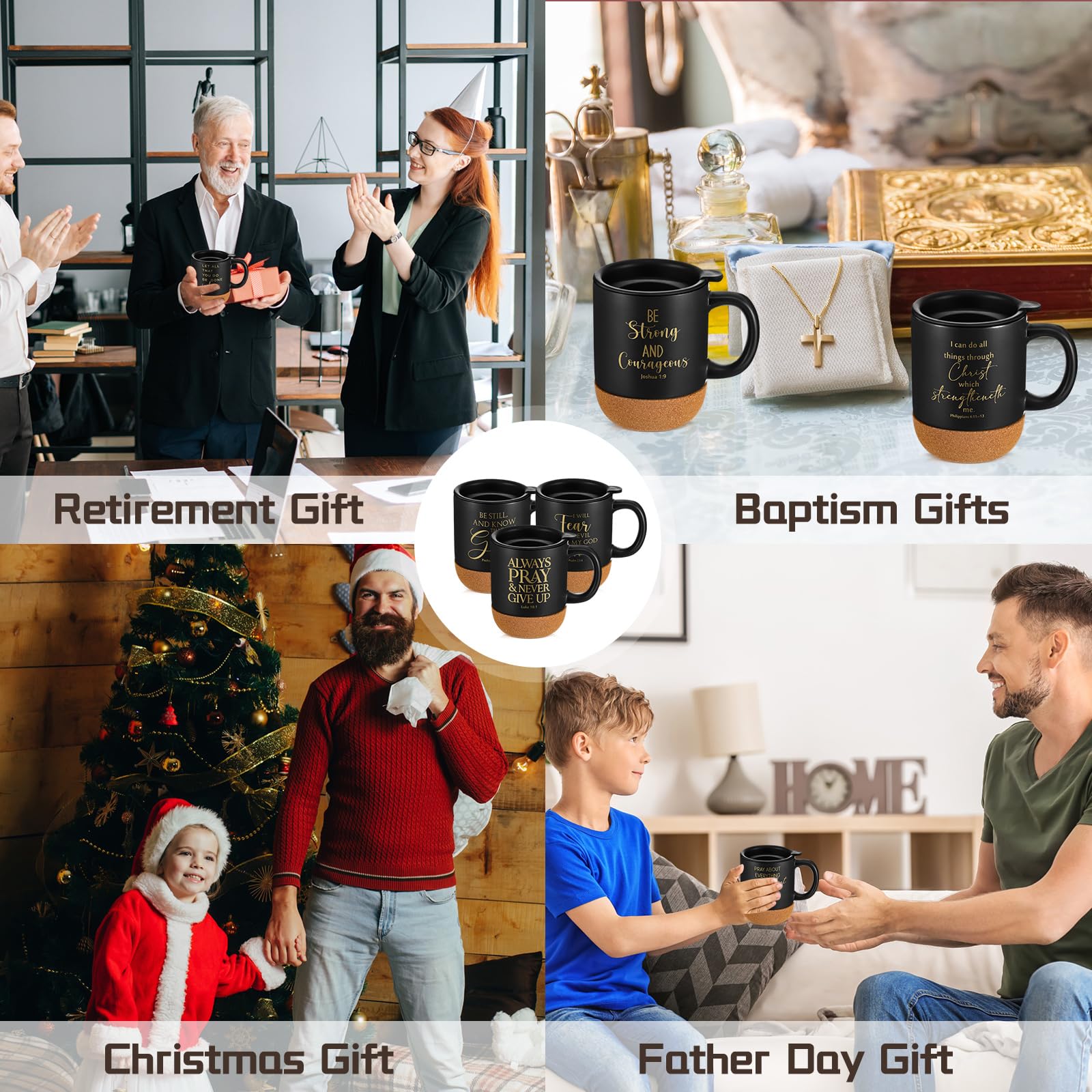 FillTouch 12 Pcs Christian Mothers Day Coffee Mugs 15 oz Religious Cup Cork Bottom Coffee Mug with Verse Inspirational Gifts for Women Men Father Teacher Church Bible Study(Black,Classics)