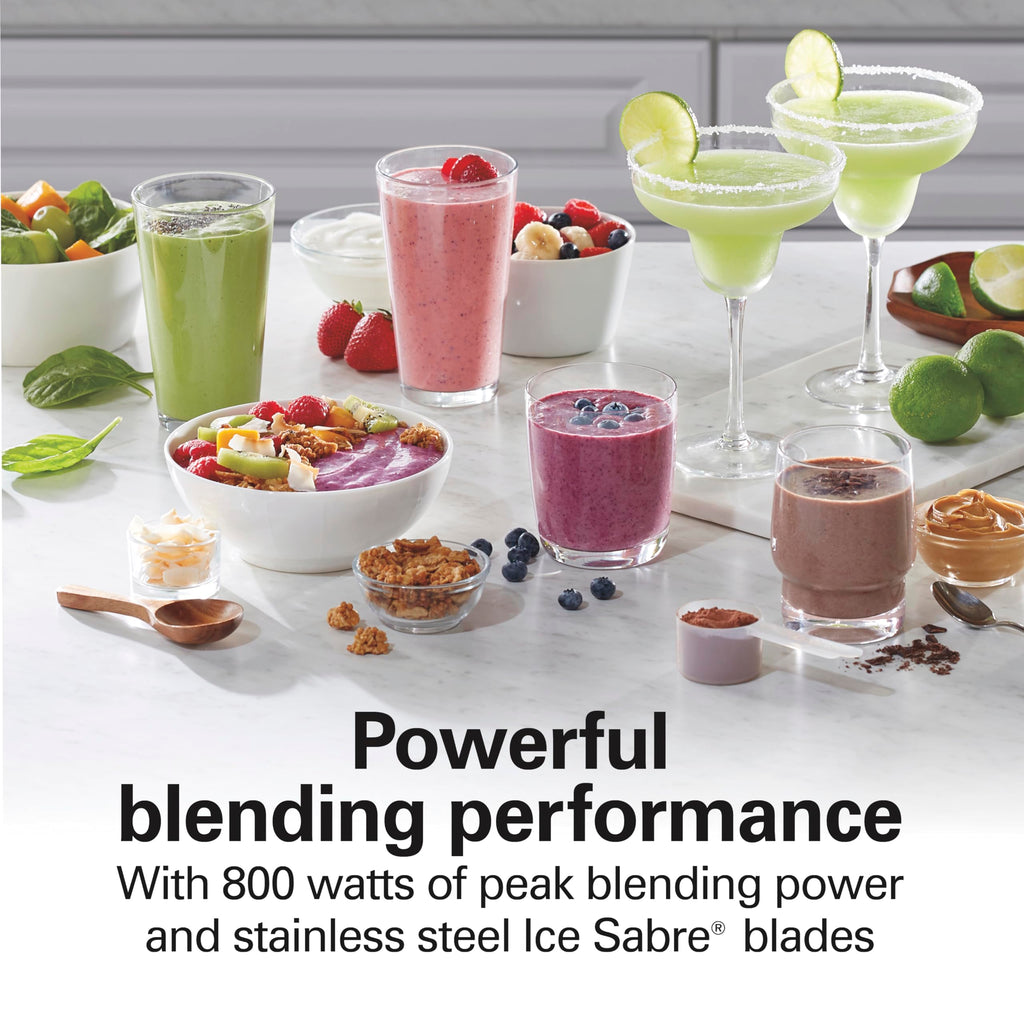 Hamilton Beach Wave Action Blender for Smoothies, Stainless Steel Ice Sabre Blades, 40oz Glass Jar, 20oz Blend-In Portable Travel Jar, 800 Watts, Quiet Design, Silver (58181)