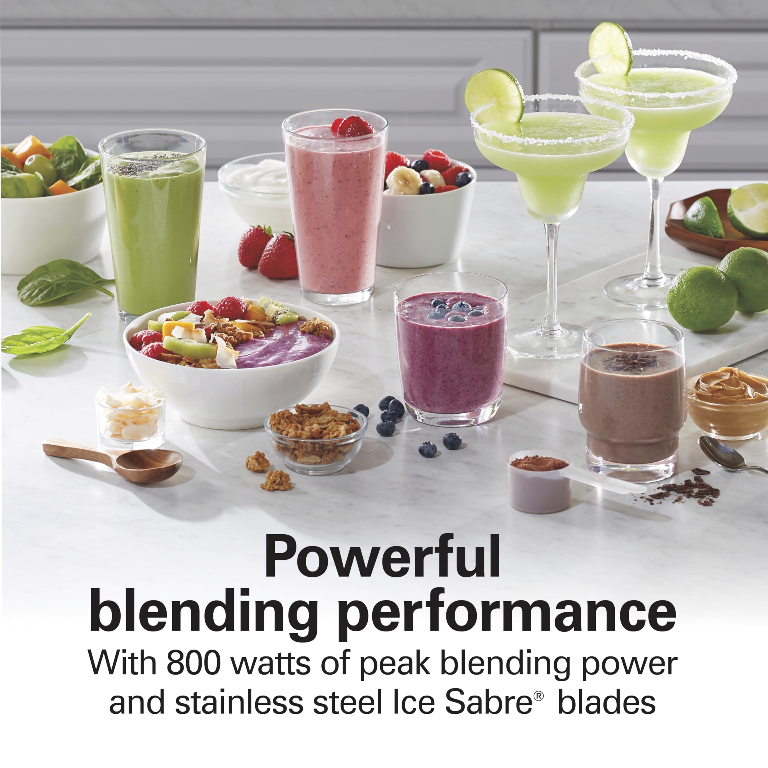 Hamilton Beach Wave Action Blender for Smoothies, Stainless Steel Ice Sabre Blades, 40oz Glass Jar, 20oz Blend-In Portable Travel Jar, 800 Watts, Quiet Design, Silver (58181)