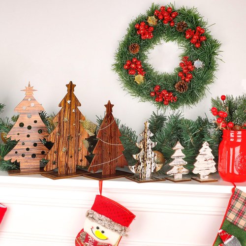 Atiloy 6PCS Wooden Christmas Trees Tabletop Decor Farmhouse Christmas Decor Wooden Christmas Trees Centerpieces Table for Christmas Home Office Farmhouse Tiered Tray Decorations