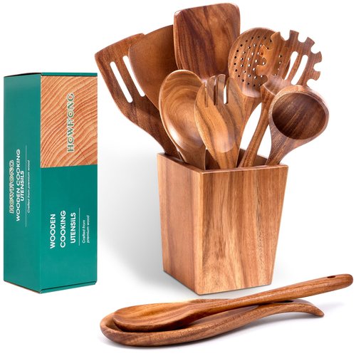 HOWHONG Wooden Spoons for Cooking, Premium Acacia Wood Kitchen Utensil Set, Handmade Wooden Utensils for Nonstick Cookware, Heat Resistant, Smooth Finish, Comfortable Grip, with Holder, Gift Ready