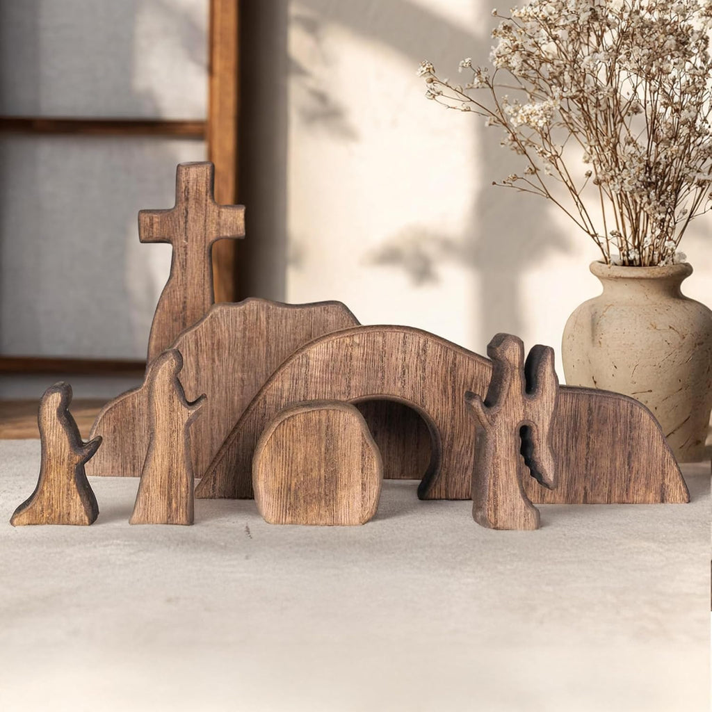 Nerosun Easter Scene Decoration - Wooden Jesus Resurrection Nativity Set | Christian Tabletop Decor