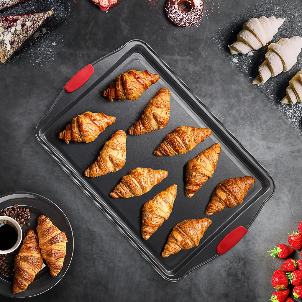 Skiennix Baking Sheet Set - 2-Piece Nonstick Cookie Sheets with Silicone Handles | Durable Steel, BPA-Free, Black