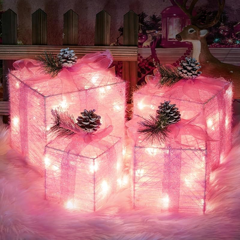 Pink Lighted Gift Box Set - 4 Pcs Christmas Decoration with 75 Warm White LEDs (Variation: Pink)