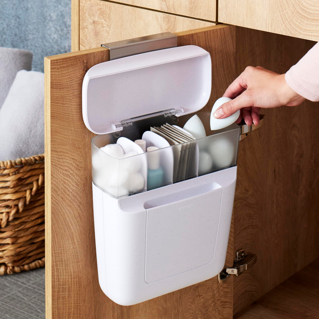 YouCopia DoorStash Toiletry Organizer, Hanging Bathroom Cabinet Door Organizer with 3 Adjustable Compartments and Covered Lid for Accessory Organization