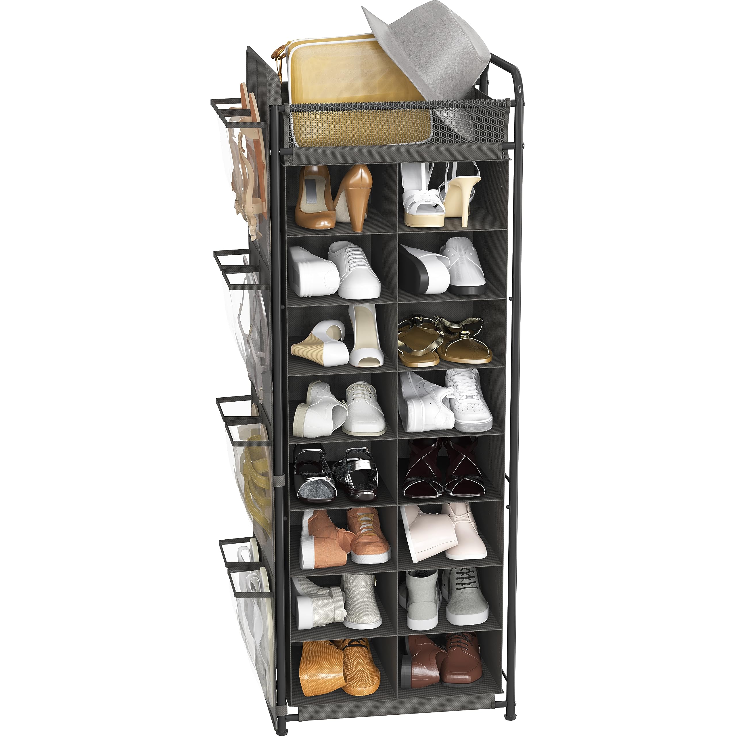 Simple Houseware 16 Cube Shoe Stand Tower Rack 8 Tier with Top Shelf and Side Hanging Pockets, Dark Gray
