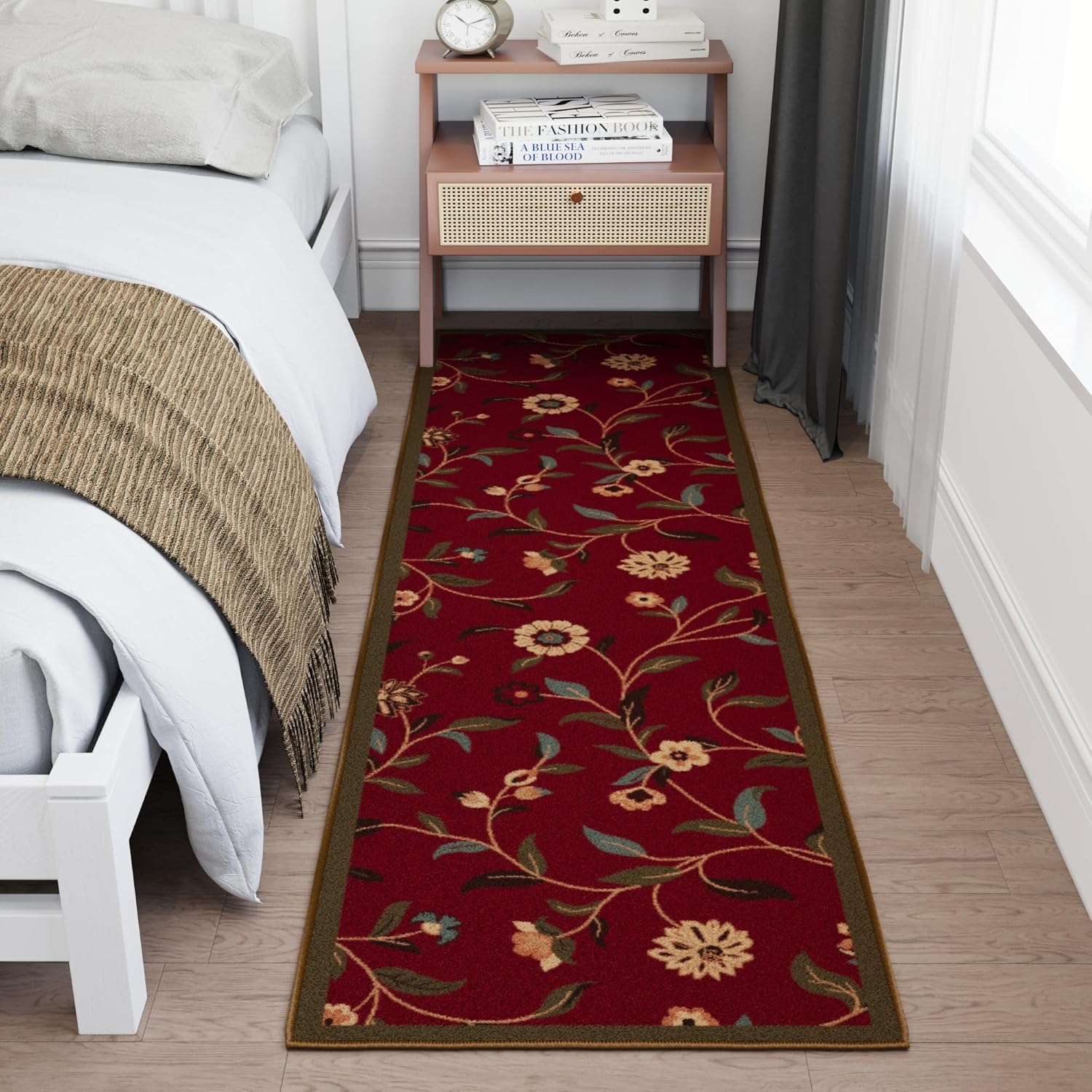 Ottomanson Hallway Runner Rug - Non-Slip Floral Design | Easy to Clean 1'10" x 6' Red Carpet for Entryway & Living Room