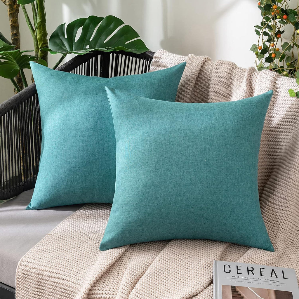 MIULEE Decorative Outdoor Throw Pillow Covers - Waterproof Faux Linen Cushion Cases | 16x16 Inch Turquoise (Pack of 2)
