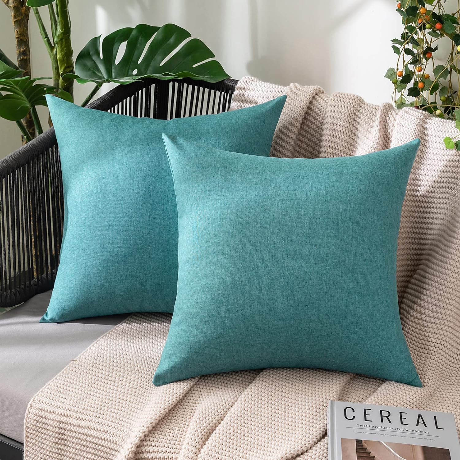 MIULEE Decorative Outdoor Throw Pillow Covers - Waterproof Faux Linen Cushion Cases | 16x16 Inch Turquoise (Pack of 2)